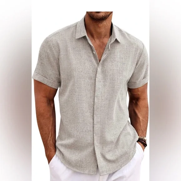 Men's Short Sleeve Casual Button-Down Shirt - Light Beige - Picture 1 of 2